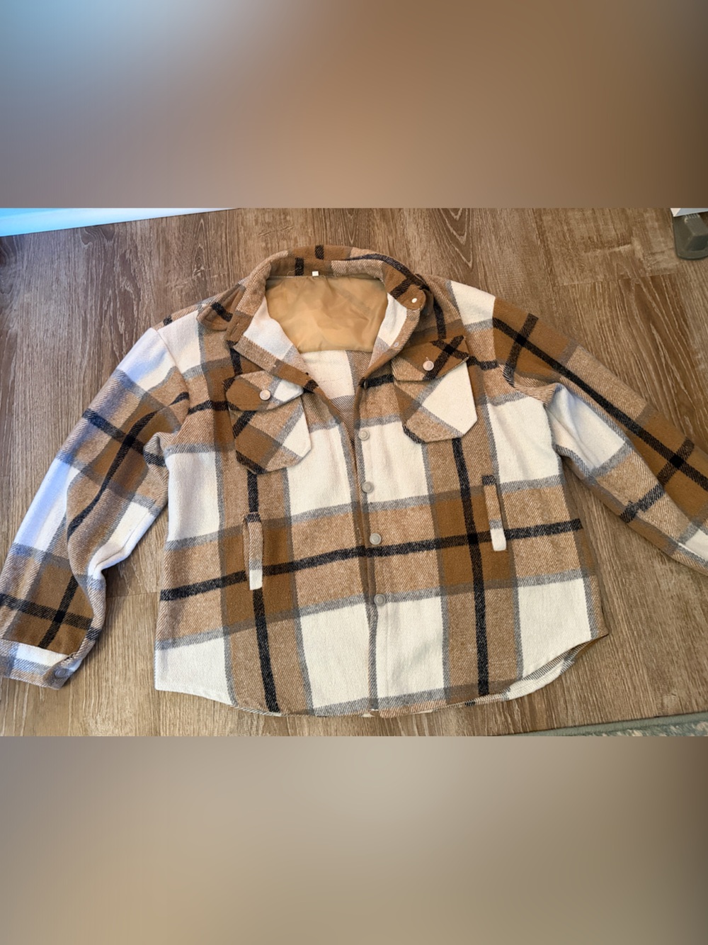 Chunky Plaid Shacket Jacket in Camel and Cream